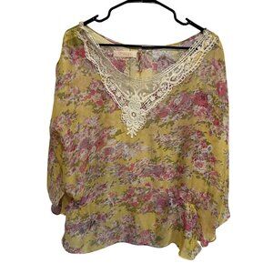 Orange Floral Chiffon Sheer Blouse Lace Trim Lightweight Top Size OS Bohemian